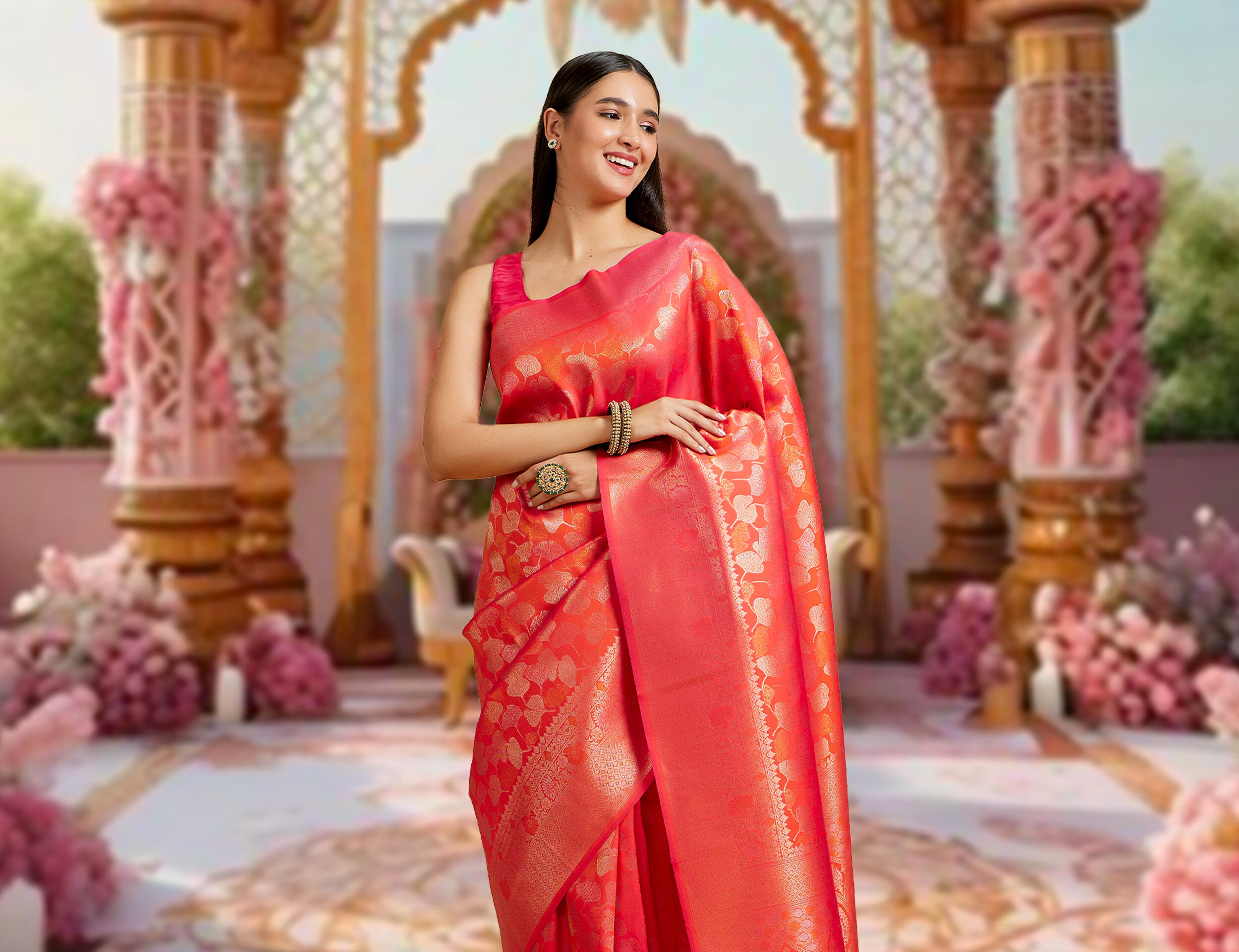 A women wearing beautifull red saree for her wedding